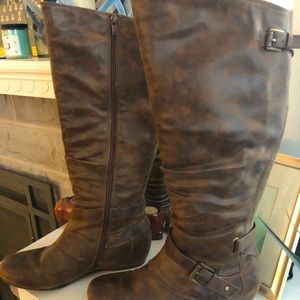 Baretrap Pabla low wedge knee-high zip-up boots with buckle.